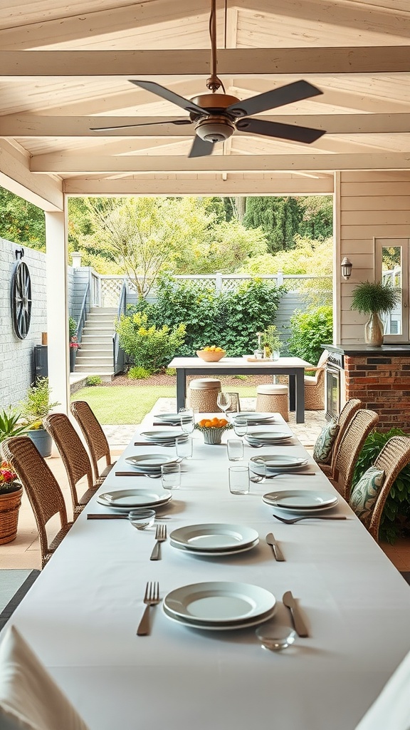 A spacious outdoor dining area with a long table set for a meal.