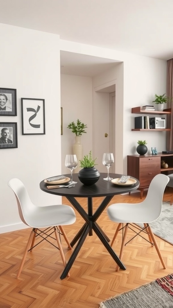 A cozy dining space with a round black table and white chairs in a small studio apartment.