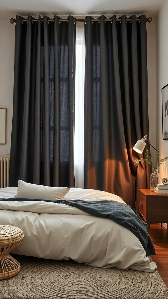 A cozy bedroom with dark blackout curtains, a white bedspread, and wooden furniture.