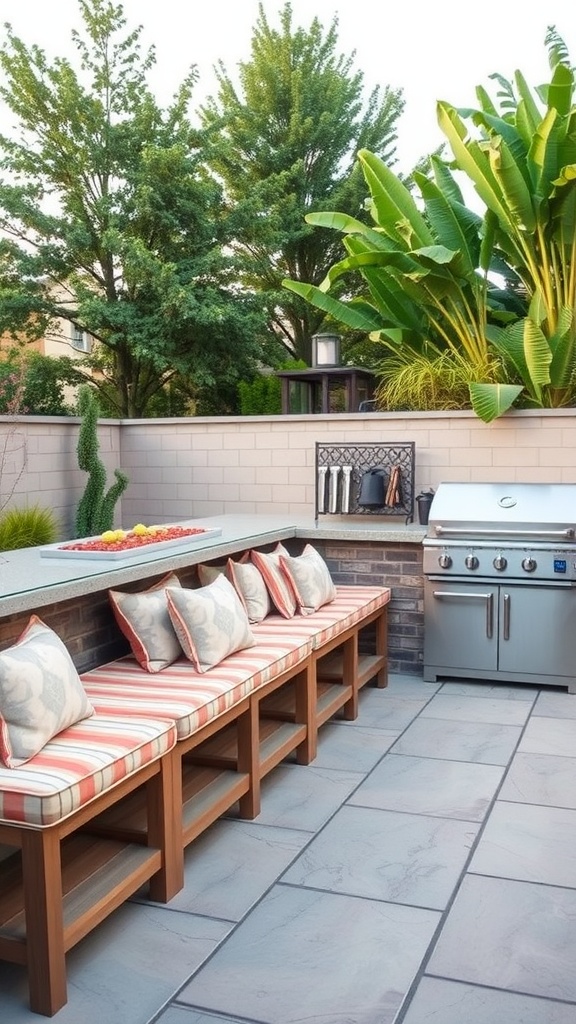 Cozy outdoor kitchen with built-in seating and grill