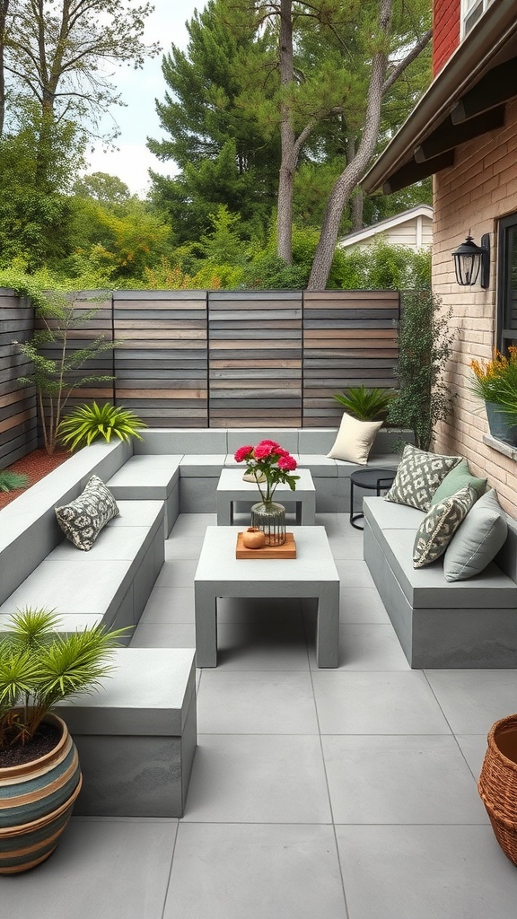 A modern back patio featuring concrete benches and tables, surrounded by greenery.