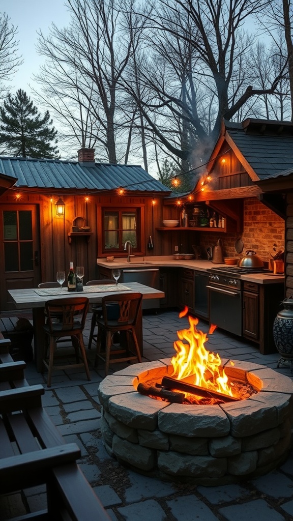 Rustic outdoor kitchen featuring a stone fire pit, illuminated by string lights, surrounded by wooden seating.