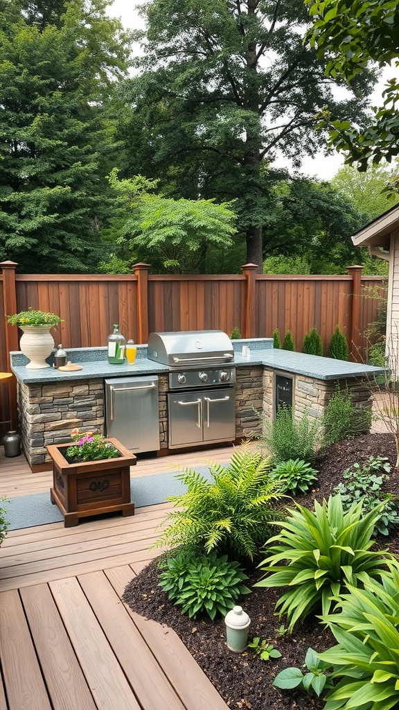 Outdoor kitchen on a deck with modern grill, stone counter, and lush landscaping