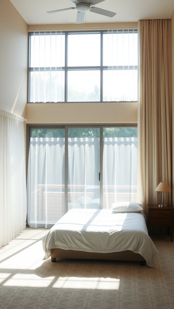 Bright bedroom with large windows, sheer curtains, and a cozy bed setup.