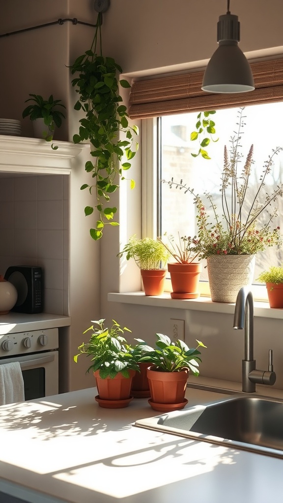 A modern kitchen with indoor plants positioned on the countertop and windowsill, showcasing a cozy and inviting space.