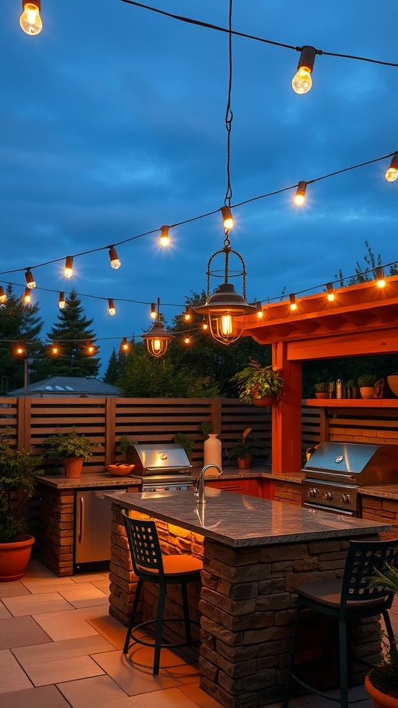 Outdoor kitchen with string lights and lanterns in the evening