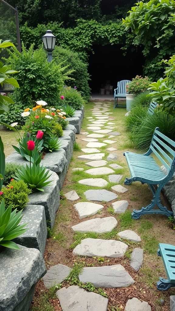 A charming garden pathway lined with rock beds and colorful flowers.