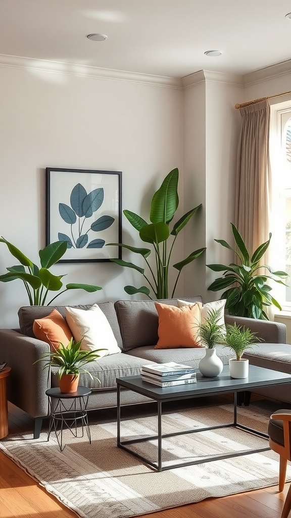 A cozy living room with a grey sofa, plants, and colorful pillows, showcasing a plant aesthetic.