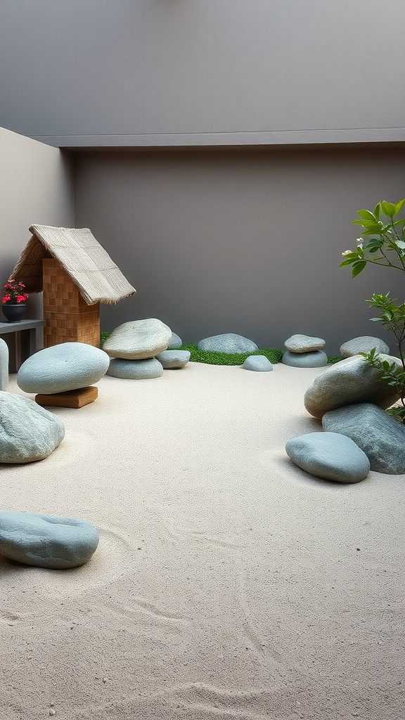 A Zen garden featuring smooth rocks, soft sand, and a small bamboo structure, creating a tranquil atmosphere.