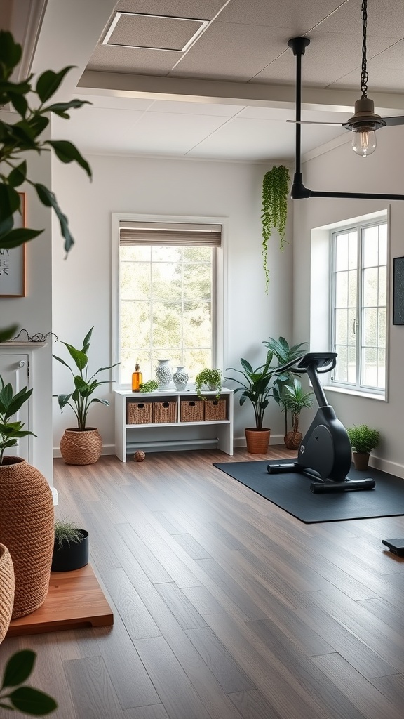 A bright home gym with plants, natural light, and exercise equipment.