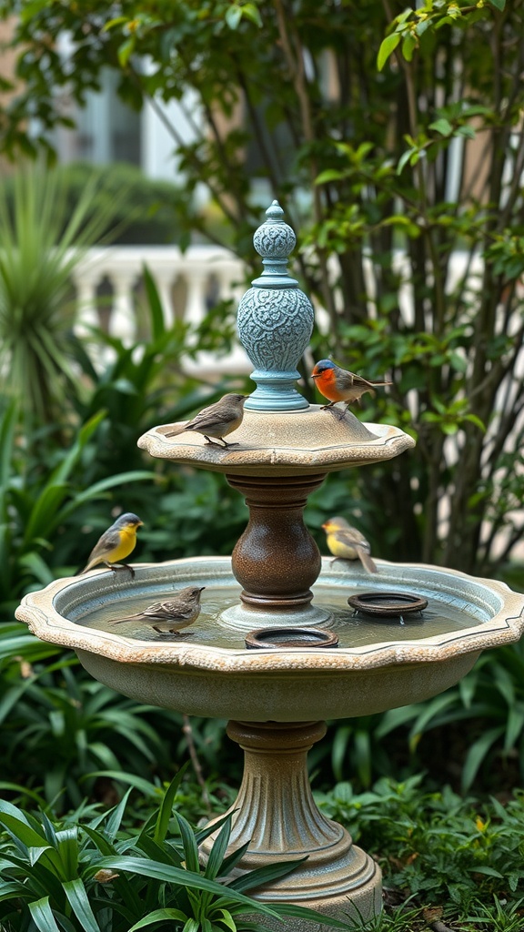 Interactive bird bath with perches and several birds gathered around it