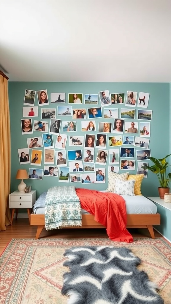 A cozy bedroom featuring a wall filled with various photos, showcasing a personal touch.