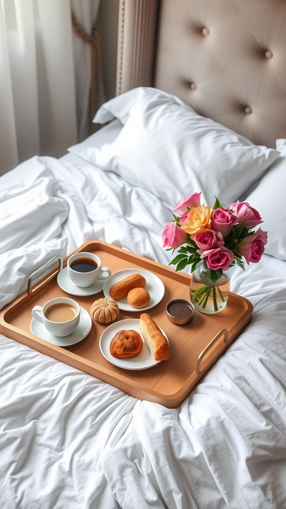 A cozy breakfast tray on a bed with pastries, coffee, and flowers.