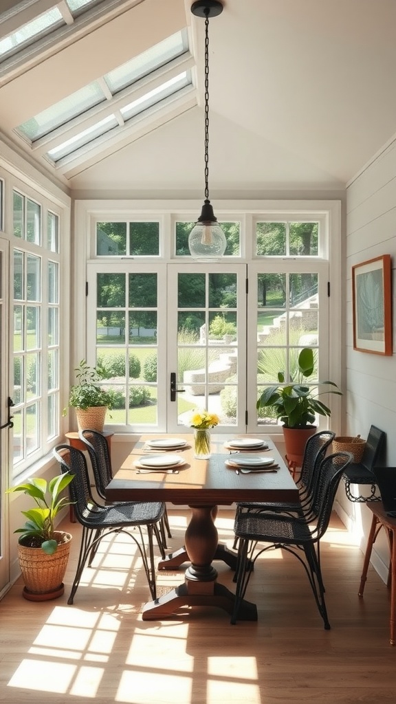 Cozy sunroom dining area with a wooden table, chairs, and garden views.