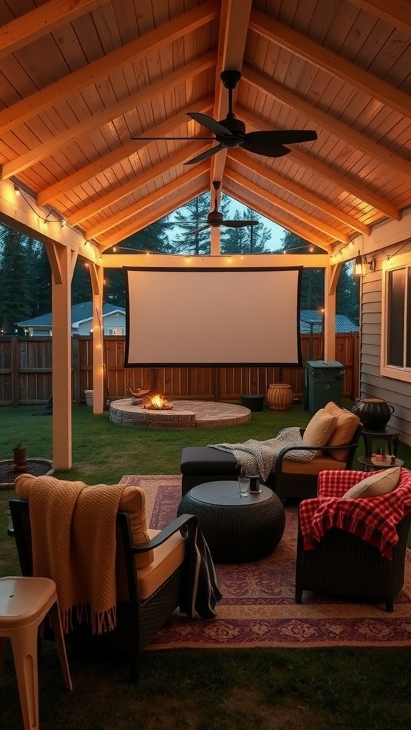 Cozy covered back patio with a movie screen and comfortable seating.