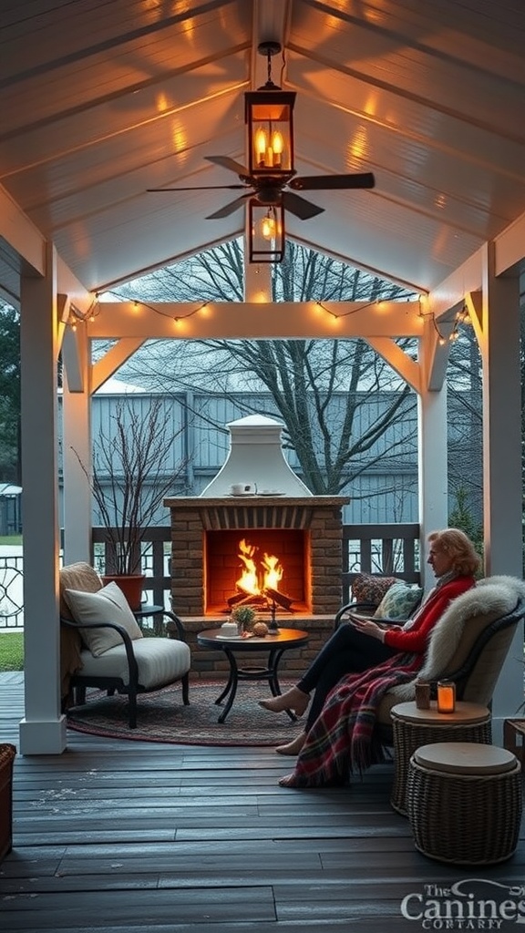 Cozy covered patio with a fireplace, comfortable seating, and warm lighting.