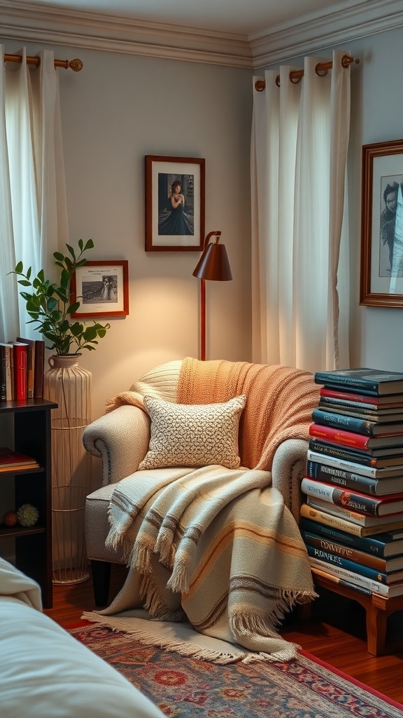 Cozy reading nook with a tufted armchair, throw blanket, stack of books, and framed pictures on the wall.