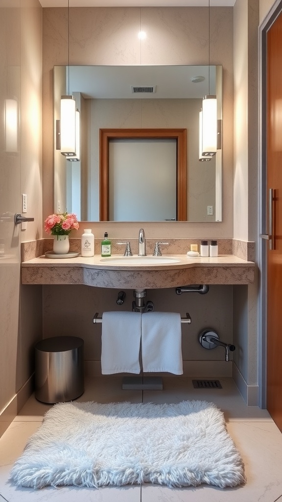 A cozy bathroom featuring a fluffy white rug in front of a sink with a framed mirror and modern lighting.