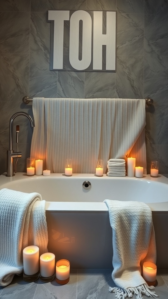 A clean and inviting bathtub space with candles and soft towels.
