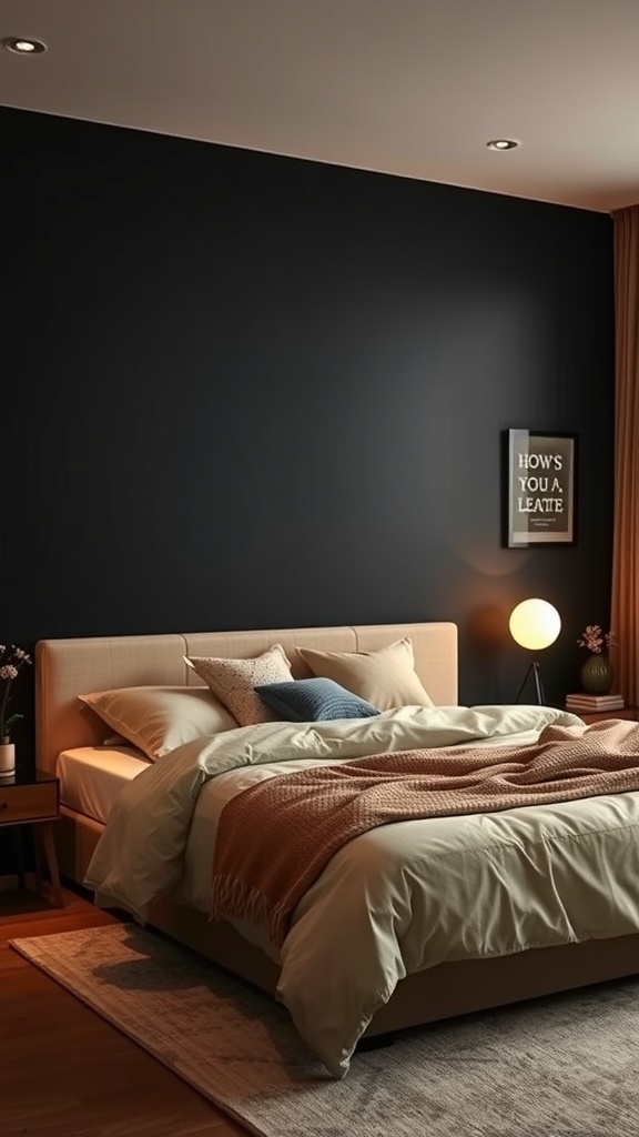 A cozy bedroom featuring a black accent wall with beige bedding and warm decor.