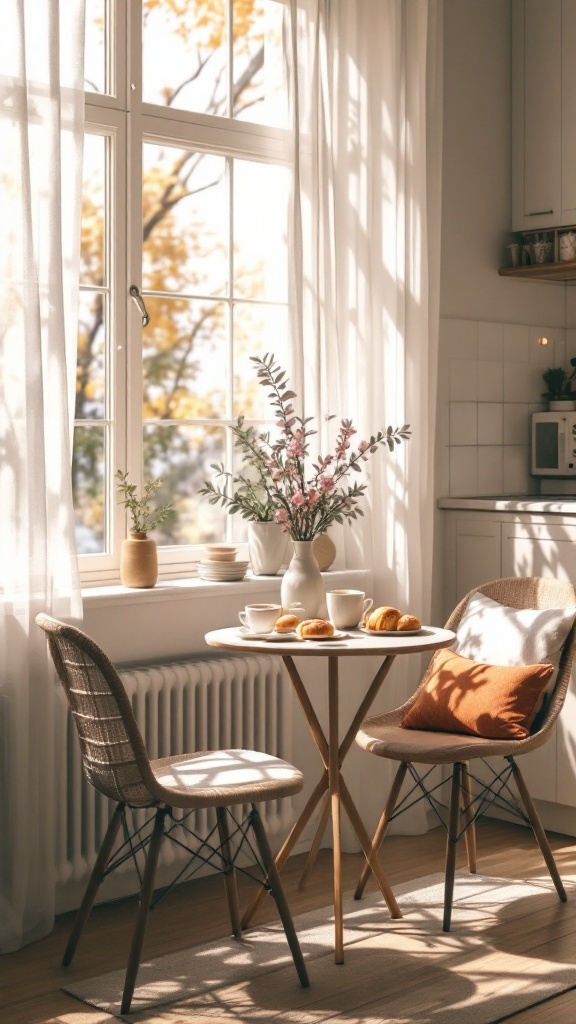 Cozy kitchen nook with a round table, two chairs, fresh flowers, and natural light streaming through the window.