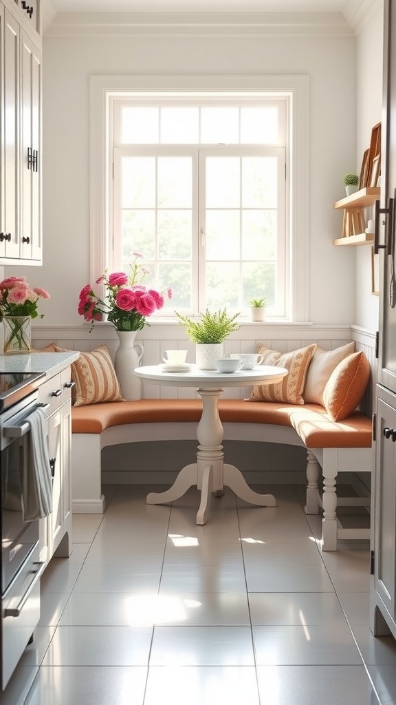 Cozy breakfast nook in a white kitchen with orange cushions and flowers