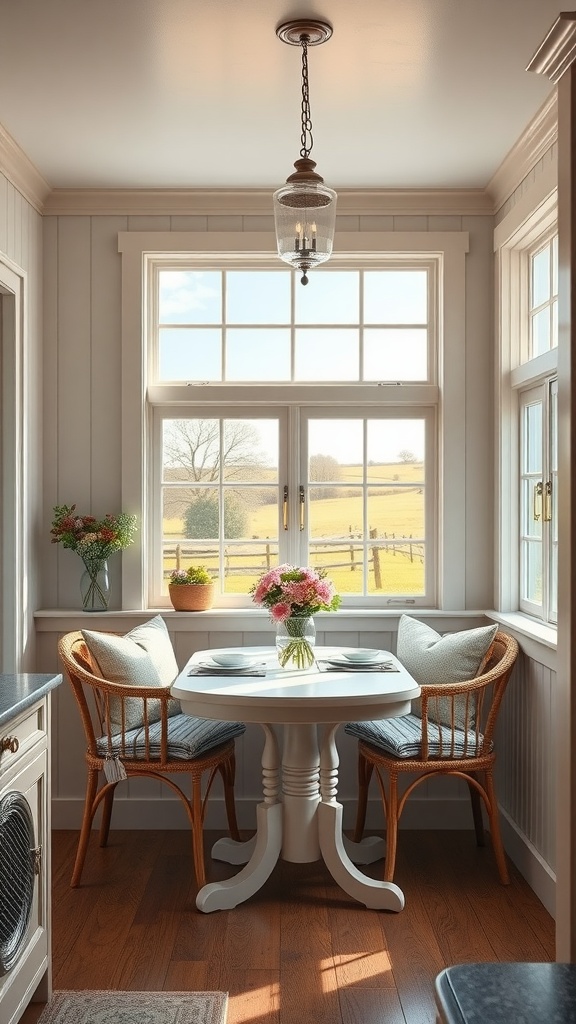 Cozy farmhouse kitchen breakfast nook with a round table and country views