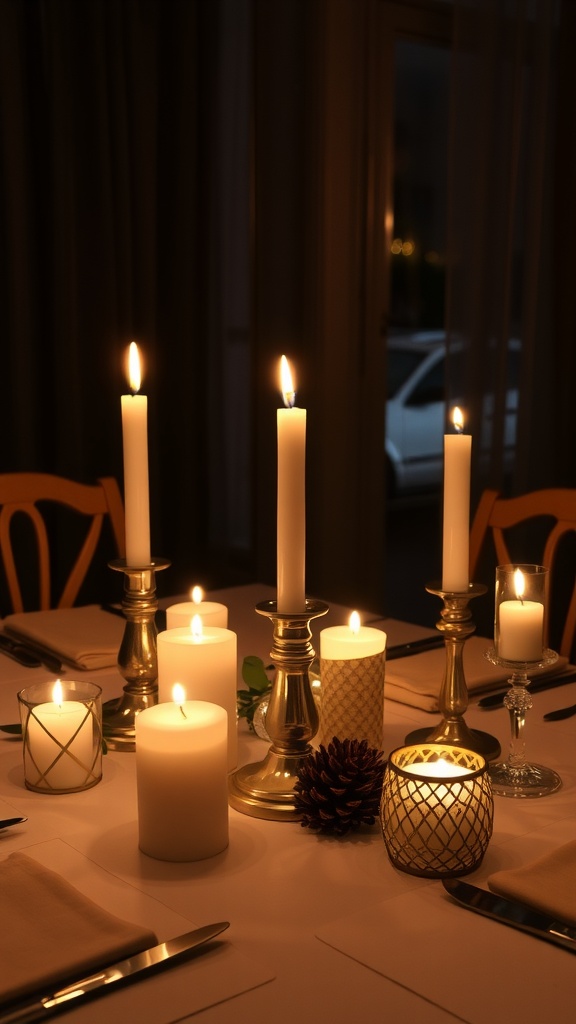 A cozy candle arrangement on a dining table with various candles and natural elements.