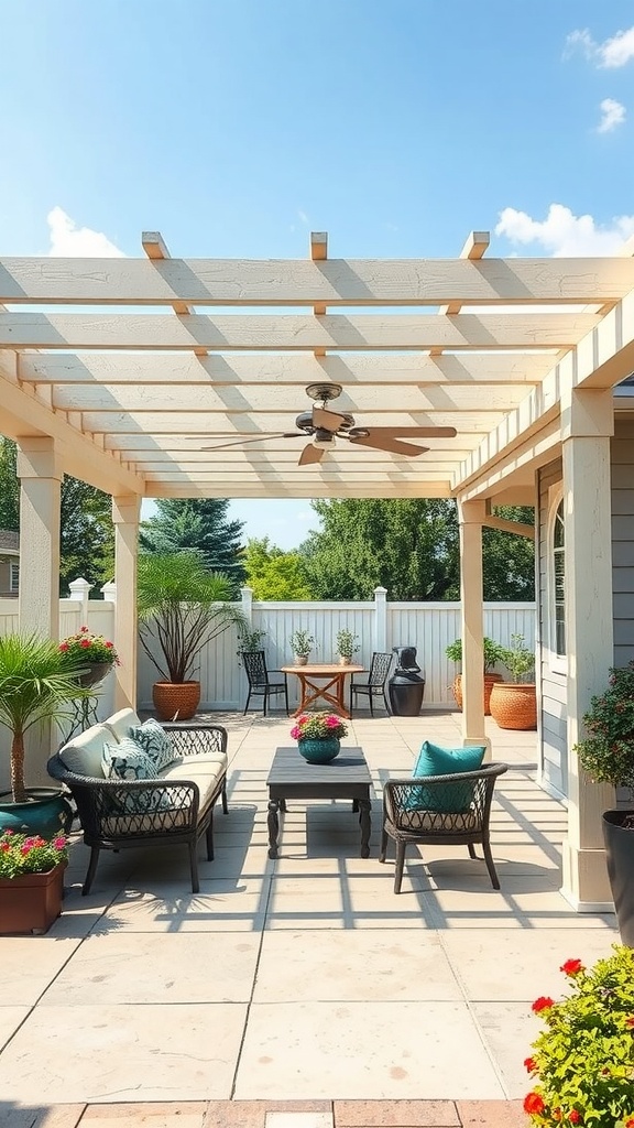 A beautiful back patio with a pergola, comfortable seating, and potted plants.