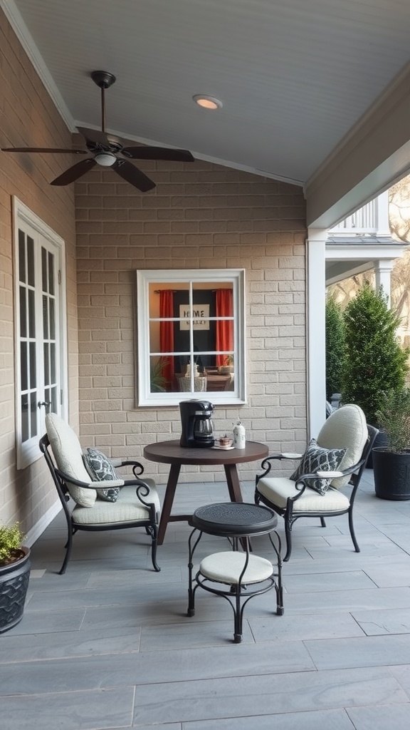 Cozy coffee nook on a covered patio with two chairs, a round table, and a coffee maker.