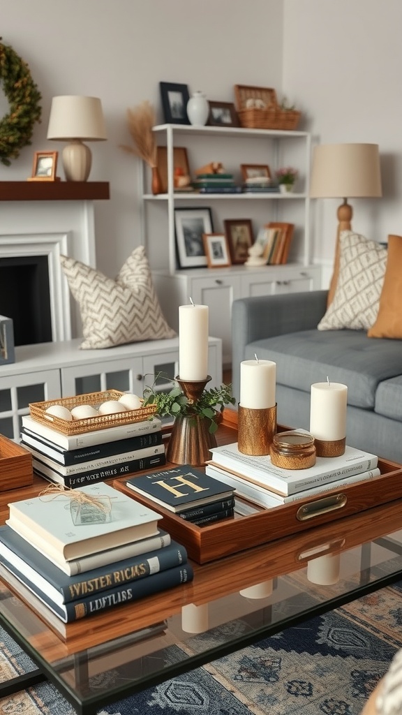 A cozy living room coffee table with stacked books, candles, and a decorative tray.