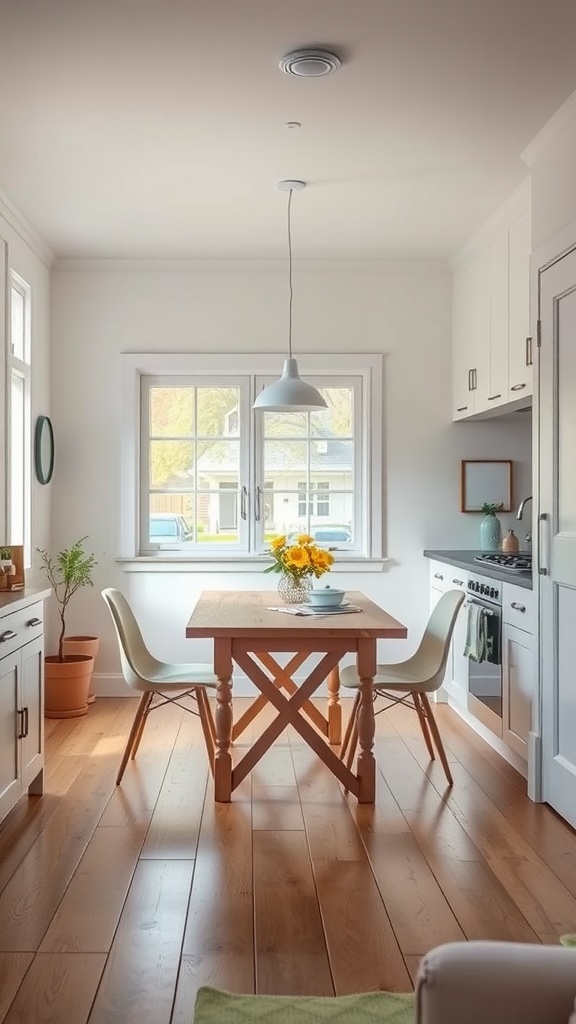 A cozy white kitchen with a wooden dining table, light chairs, and a vase of yellow flowers.