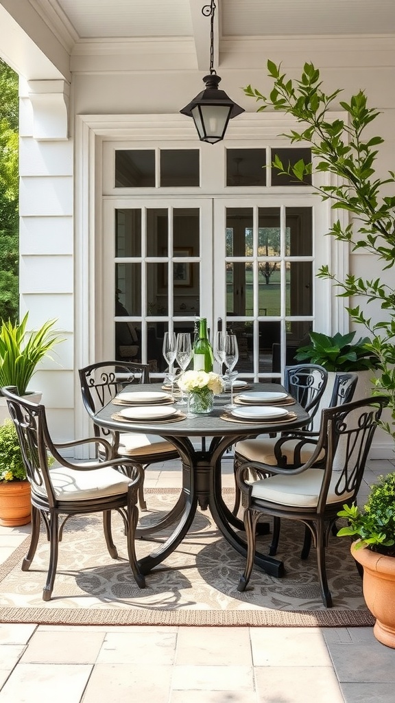 A cozy dining set on a front patio with a round table and four chairs, surrounded by potted plants.