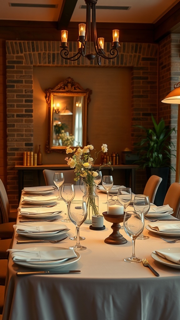 A beautifully set dining table with soft lighting, elegant plates, and flowers, creating a warm and inviting space for gatherings.