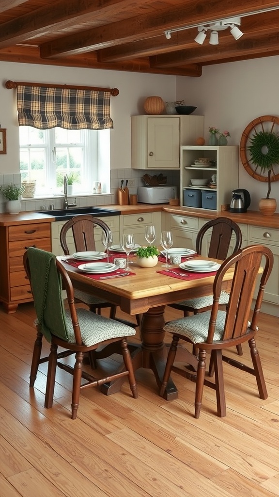A cozy cottage kitchen featuring an inviting dining table with wooden chairs, a centerpiece plant, and neatly arranged table settings.