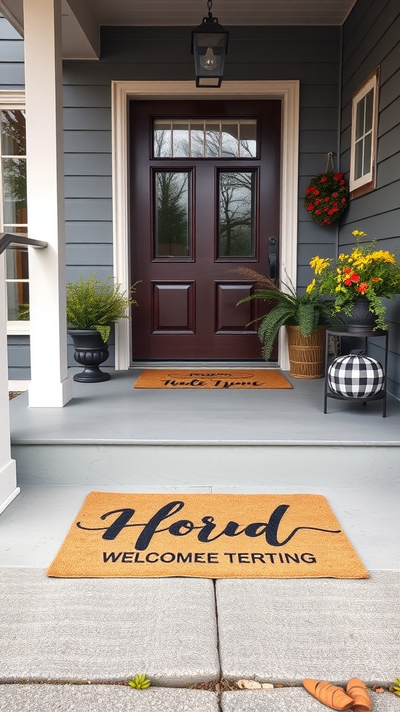 A cozy front porch with two inviting entrance mats, colorful plants, and a dark front door.