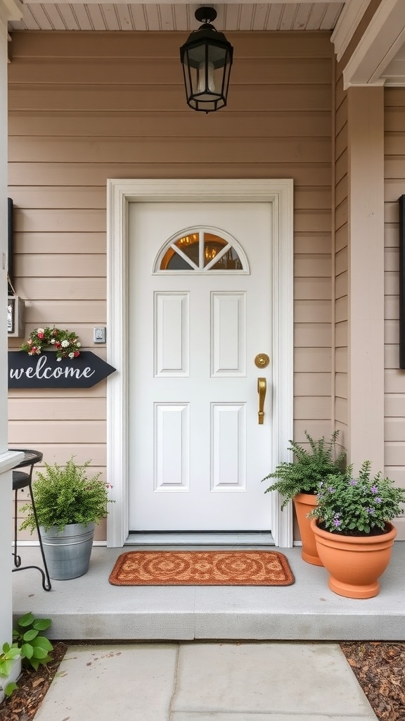 Welcoming front porch with a white door, potted plants, a welcome sign, and a decorative doormat.
