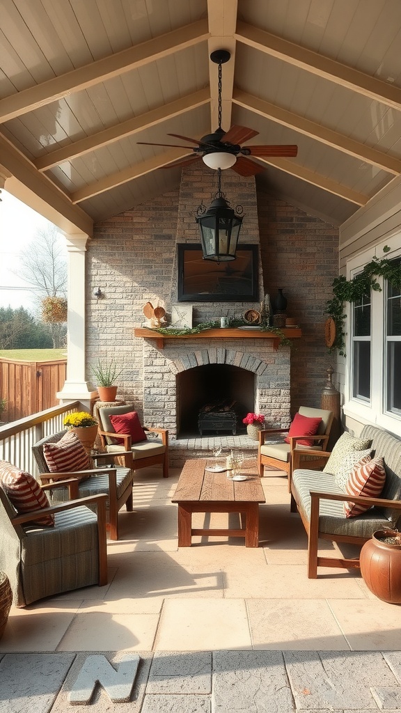 Cozy covered patio with a fireplace, featuring rustic furniture and vintage accents.