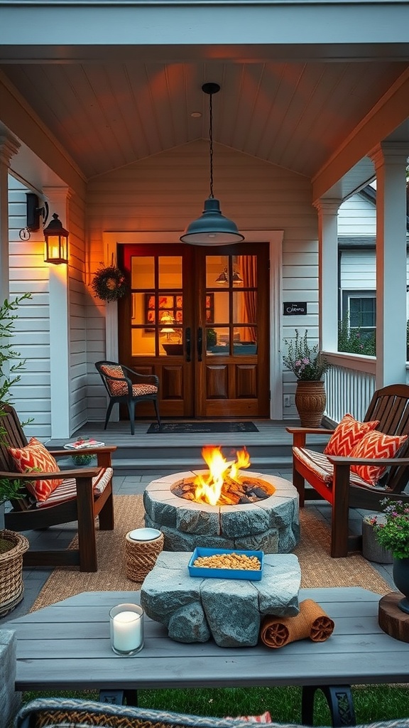 Cozy porch featuring a circular stone fire pit surrounded by comfortable chairs and soft lighting.