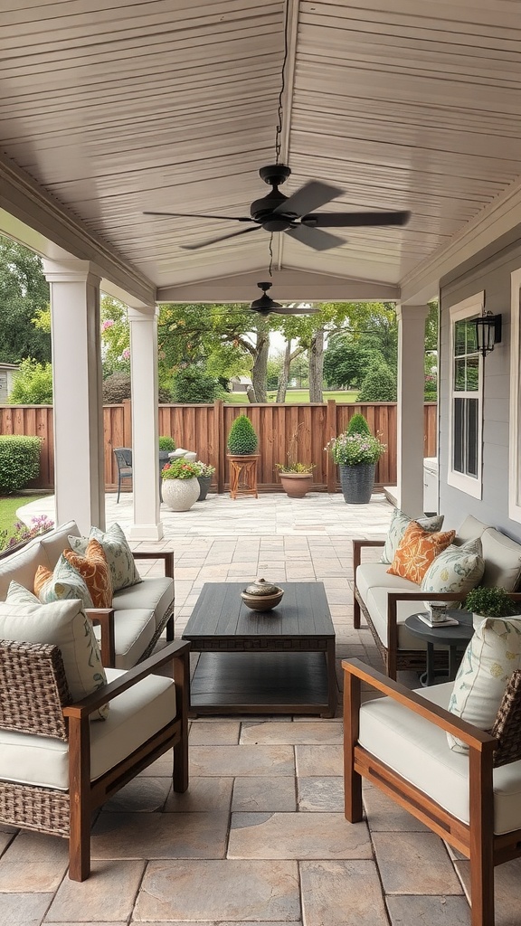 A cozy covered patio with comfortable seating, a coffee table, and lush greenery.