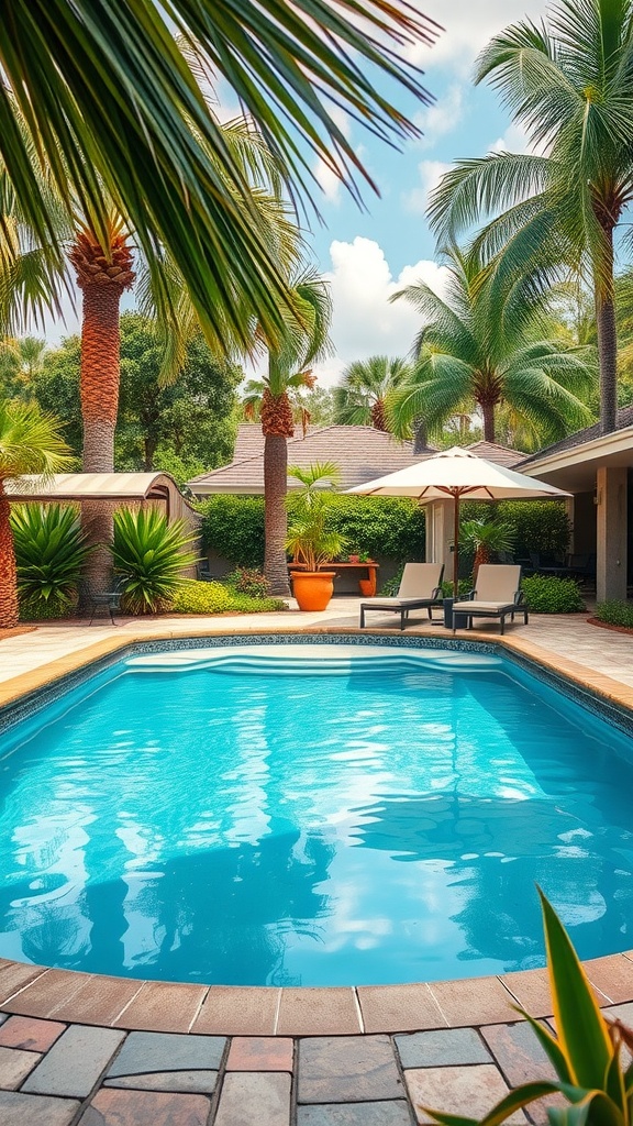 A beautiful poolside area with palm trees, lounge chairs, and a clear blue pool.