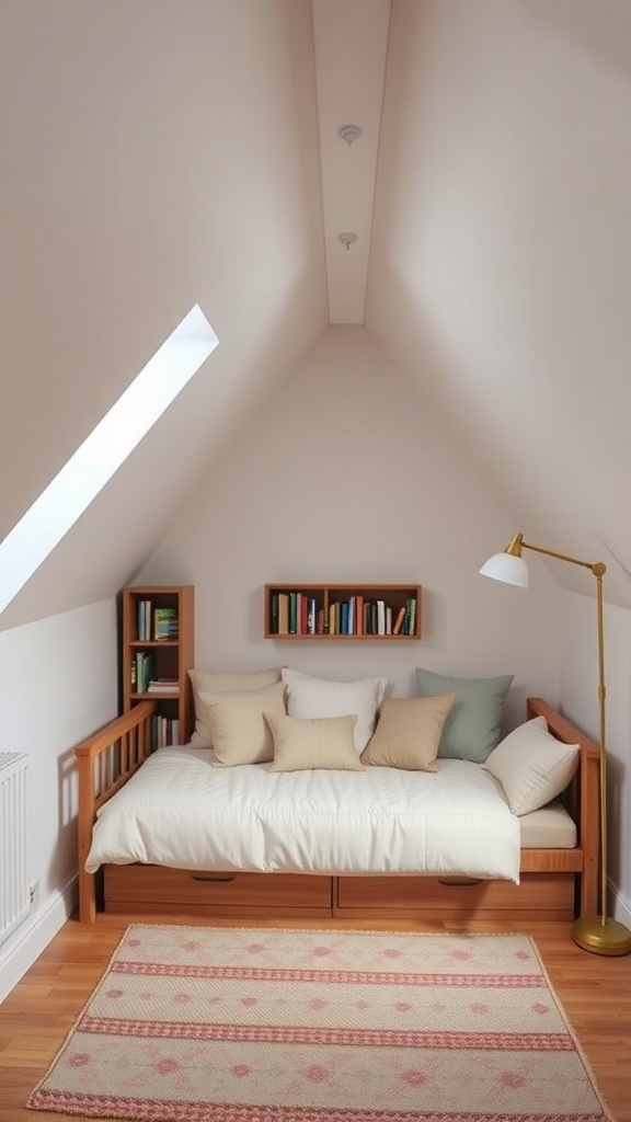 Cozy attic reading corner with daybed, bookshelves, and warm lighting.