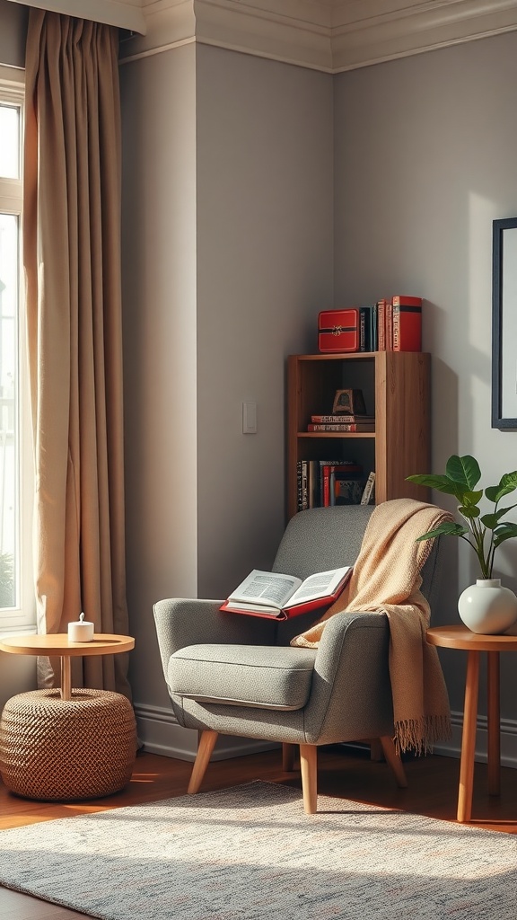 Cozy reading nook with a grey armchair, side tables, and a bookshelf