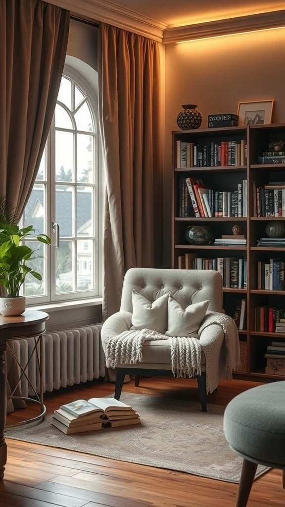 Cozy reading nook with an armchair, bookshelf, and window light