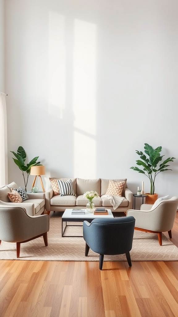 A cozy living room featuring a sectional sofa, accent chairs, and natural light.