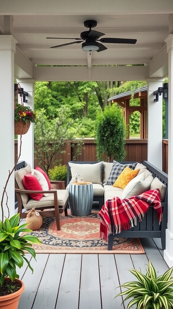 Cozy back porch with inviting seating arrangements, featuring a sectional sofa, colorful pillows, and plants.