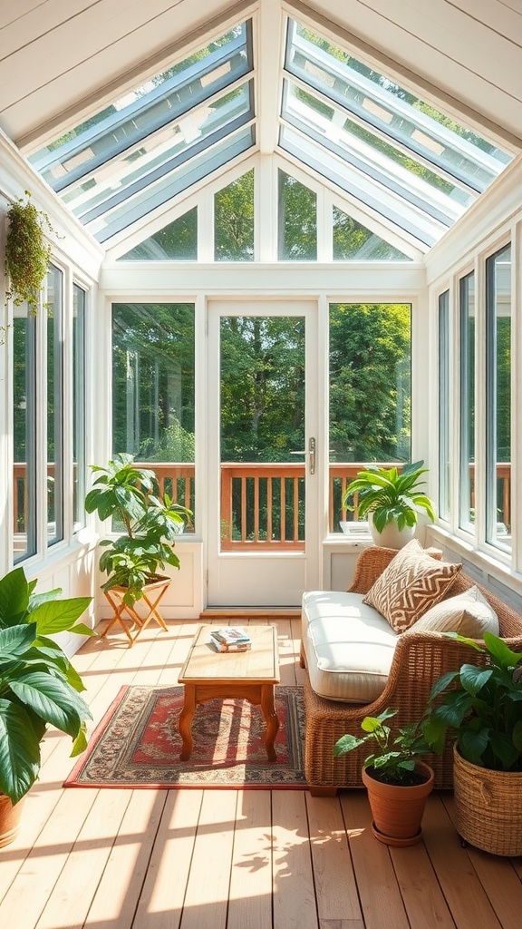 Bright and inviting sunroom with plants and comfortable seating.