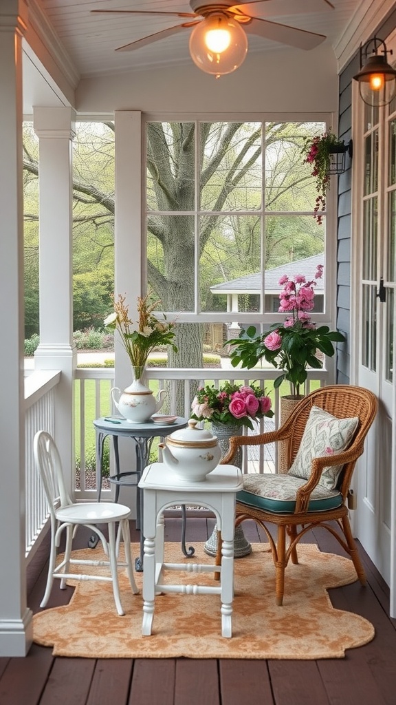 Cozy enclosed porch with a wicker chair, small table, teapot, and flowers, creating an inviting tea room experience.