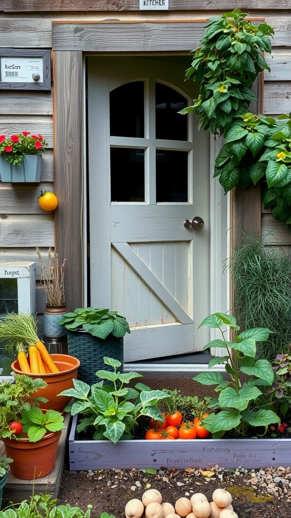 A cozy farmhouse kitchen garden with potted plants, vibrant tomatoes, and orange carrots near a wooden door.