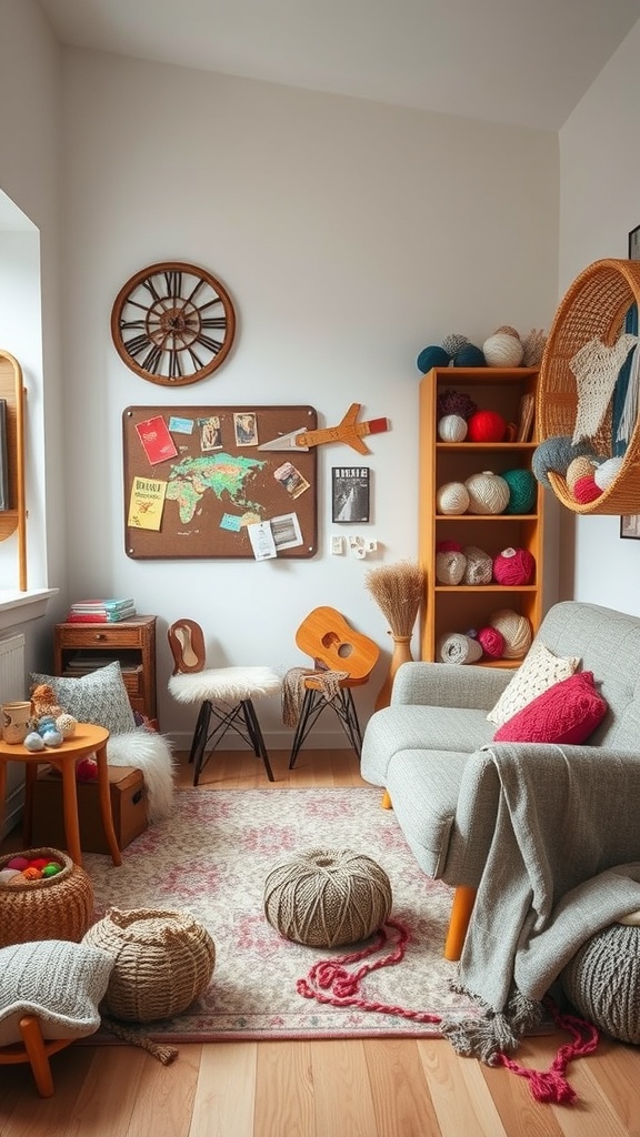 A cozy hobby room with a knitting and crochet zone featuring colorful yarn, a comfortable sofa, and a bulletin board.